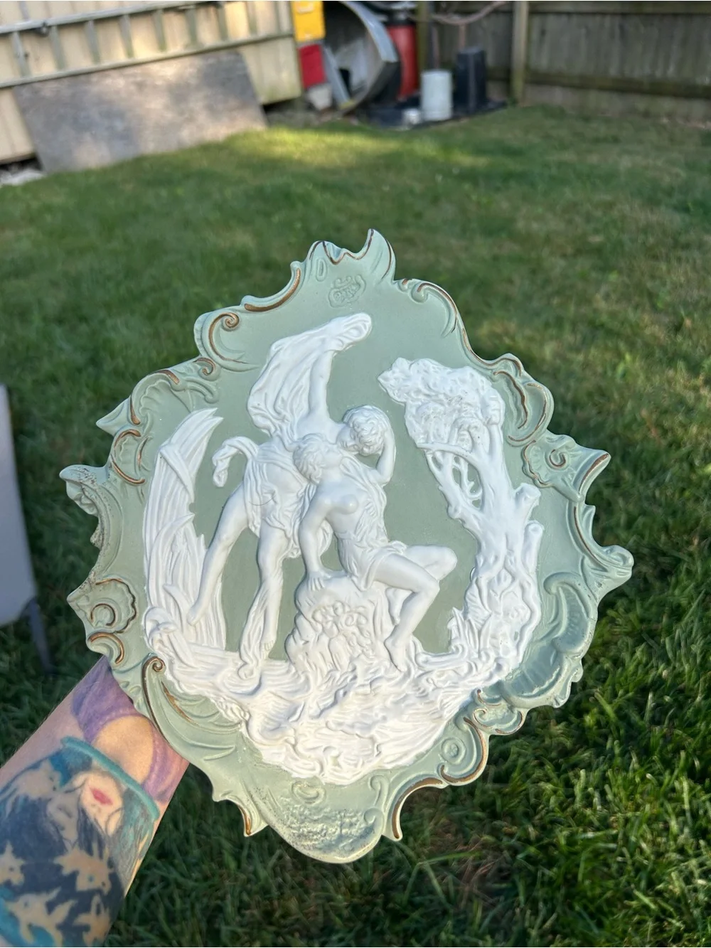 Volkstedt Jasperware Plaque: Kissing Lovers, Germany -Cherubs  Flowers vintage
